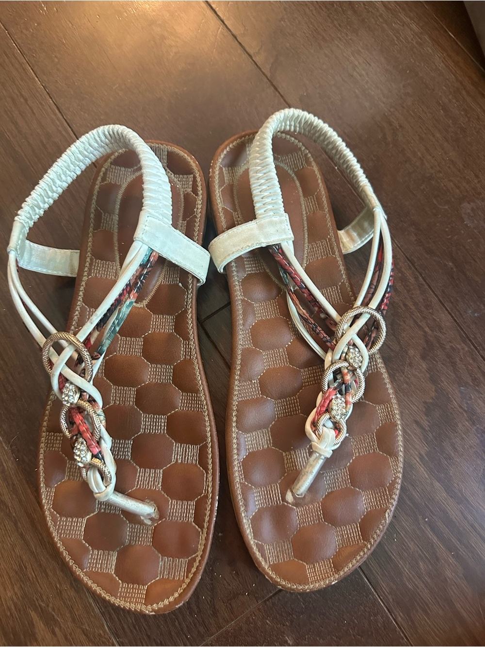 Women's White Braided T-Strap Sandals